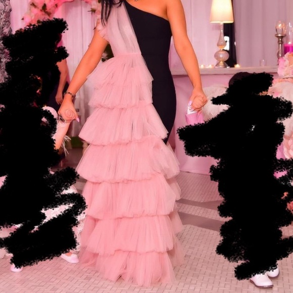 PINK&BLACK RUFFLED TULLE MIDI DRESS - Picture 5 of 5
